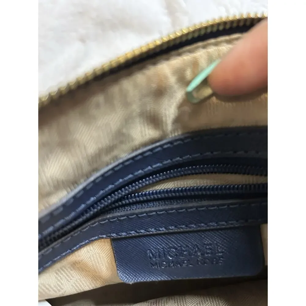 Michael Kors Blue Saffiano Leather Dome Crossbody Bag Silver Chain Strap